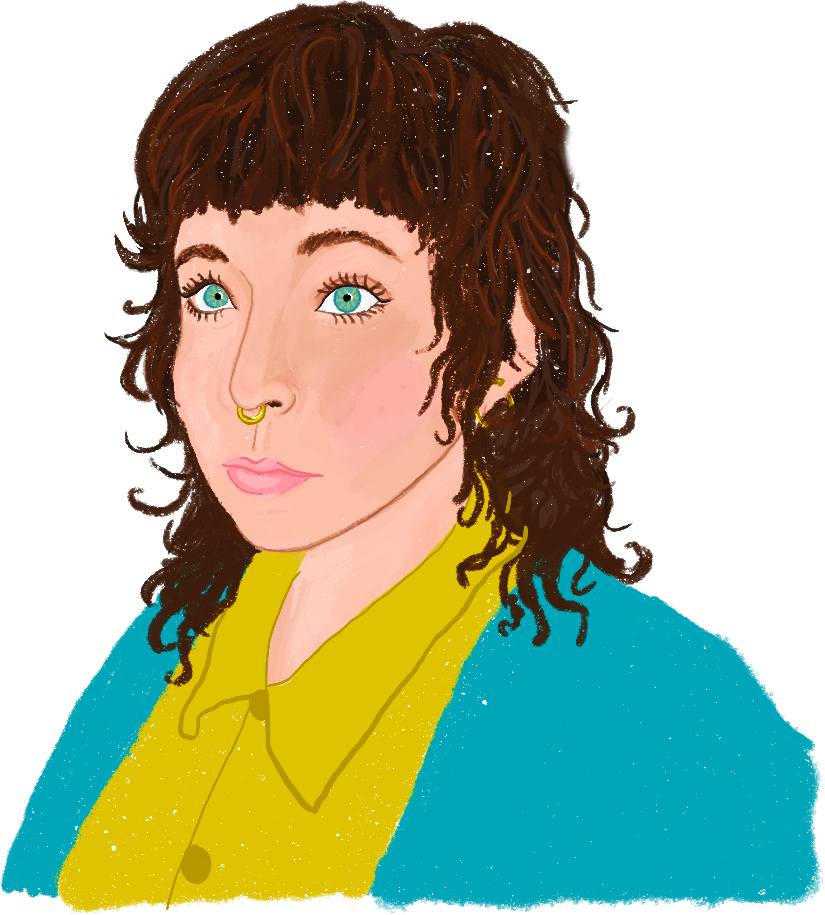 Digital drawling of Kyra's bust. She has bangs, curly hair, bright blue eyes, a septum piercing